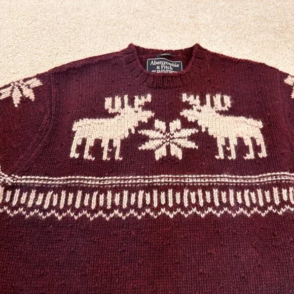 ABERCROMBIE & FITCH Hand Knit Sweater Men’s Large 100% Wool Fair Isle Moose - Picture 2 of 9